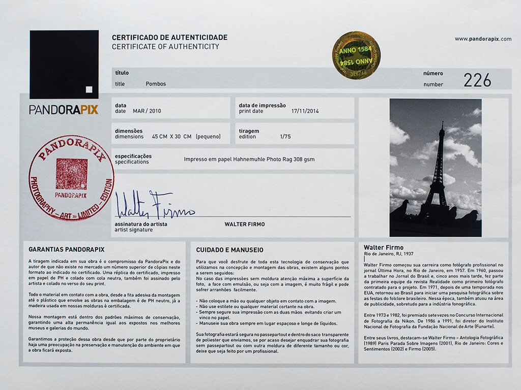 MCM1392 Certificado da obra de Walter Firmo impressa na PandoraPix
