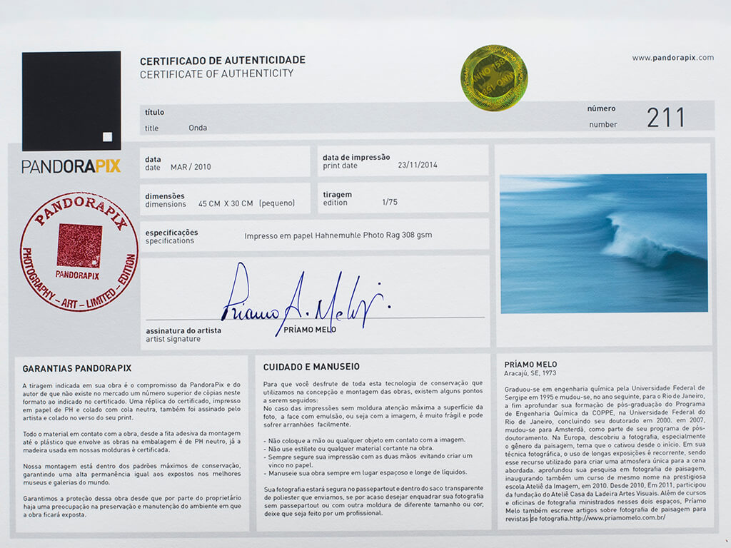 MCM1399 Certificado da obra de Príamo Melo impressa na PandoraPix