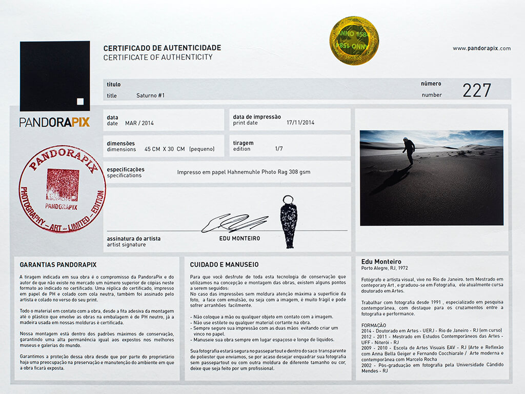 MCM1404 Certificado da obra de Edu Monteiro impressa na PandoraPix
