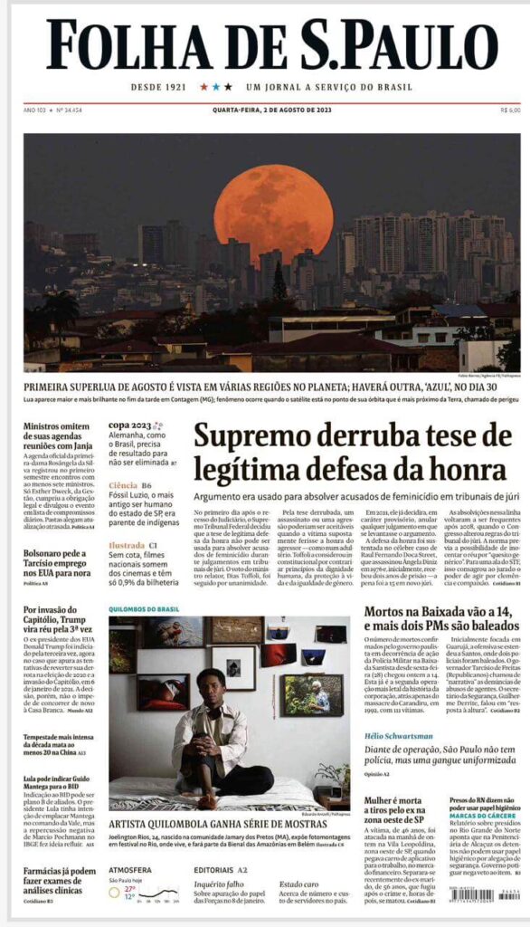 Capa da Folha de São Paulo com manchete de Joelington Rios 